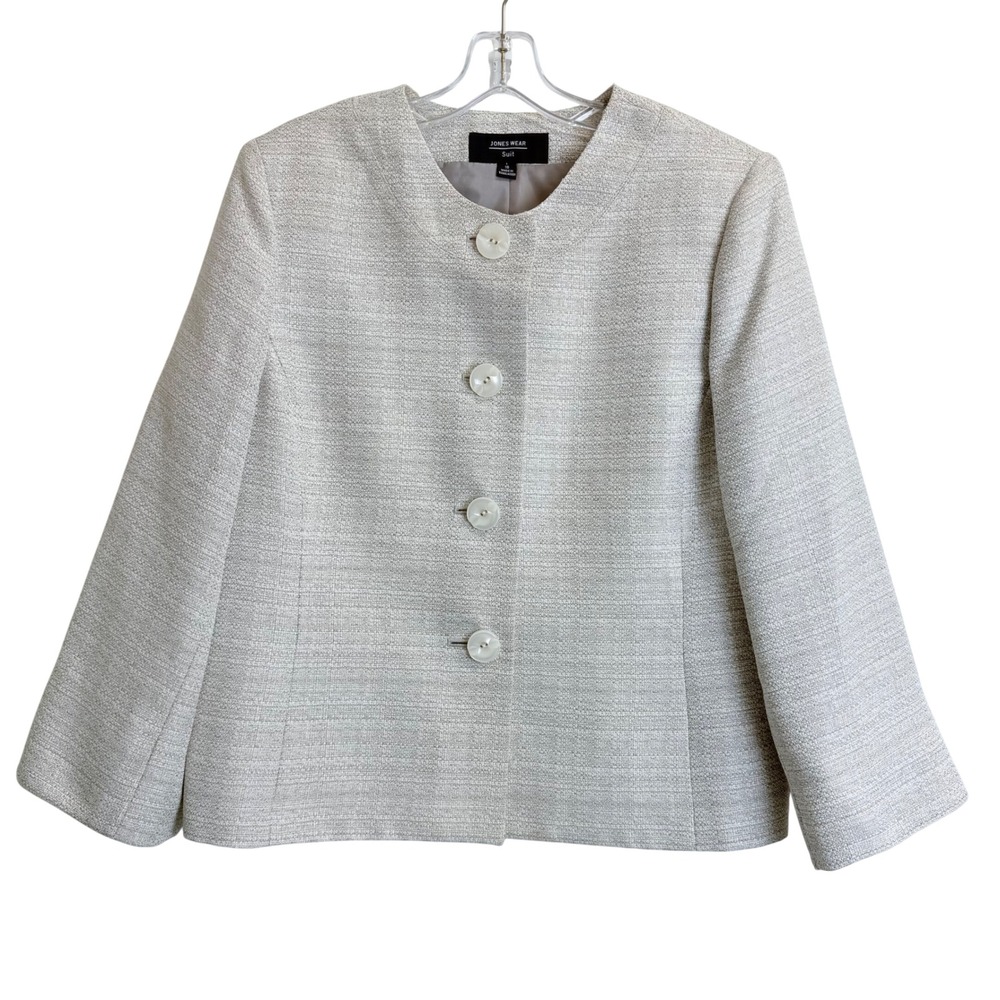 Jones Wear Suit Womens 16 Light Gray Textured Collarless‎ Button Front Blazer